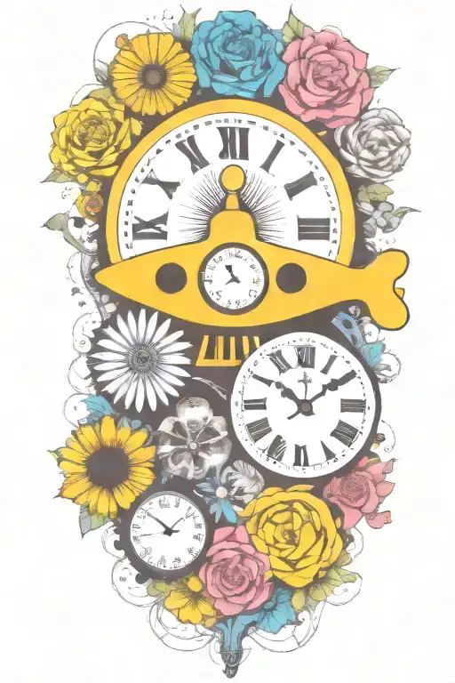 yellow submarine with colorful flowers and clock and rainbow  tattoo design idea