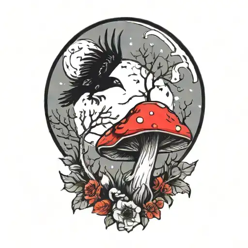 colorful mushroom with ravens and moon tattoo  tattoo design idea