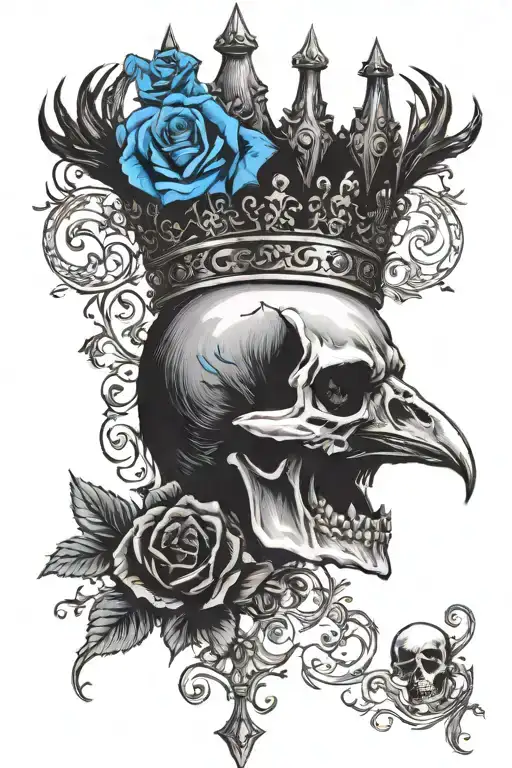 raven wearing crown with blue rose and skull tattoo design idea