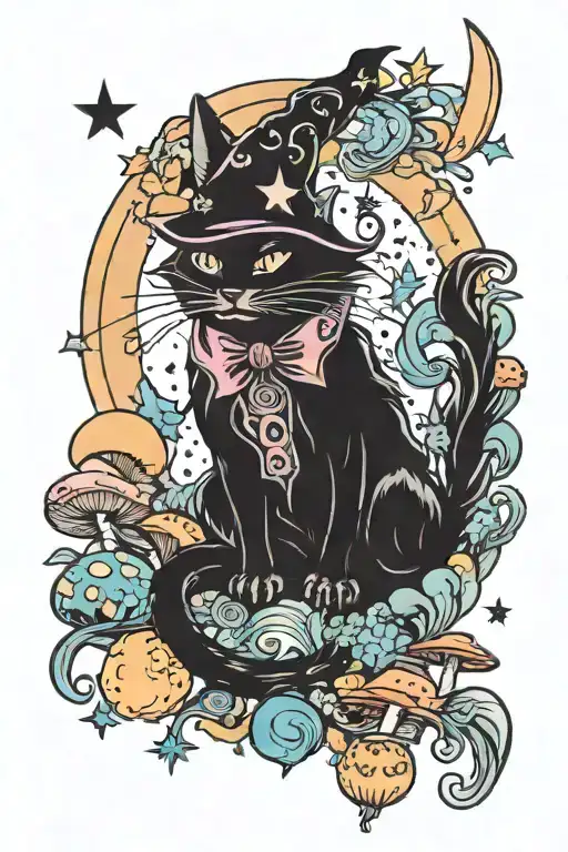 witch cat with moon and stars and colorful mushrooms trippy  tattoo design idea