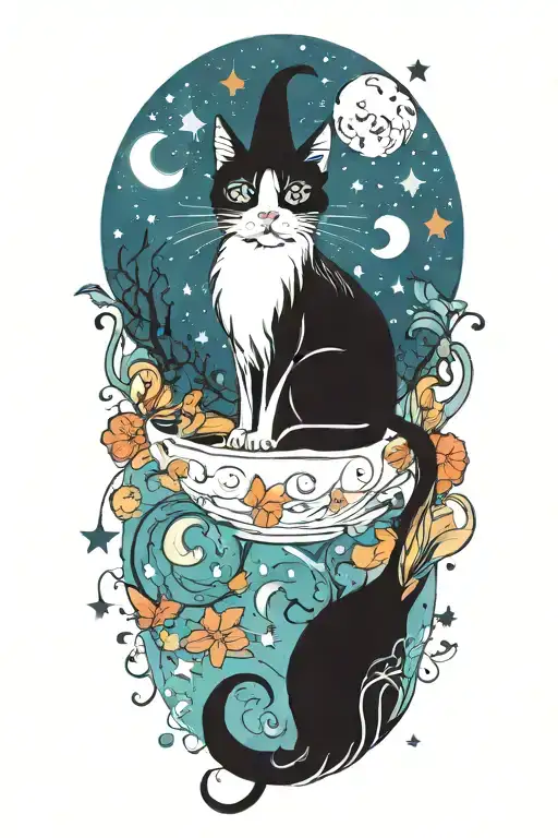 witch cat with moon and stars and colorful mushrooms and bats tattoo design idea