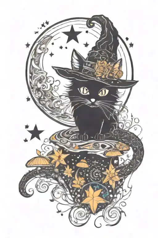 witch cat with moon and stars and colorful mushrooms trippy  tattoo design idea