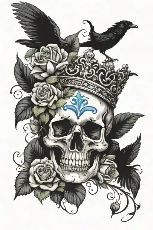skull wearing crown with raven on headand blue roses intertwined tattoo design idea