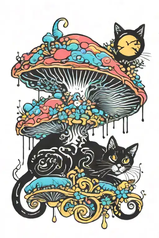 melting colorful mushroom black cat with moon tattoo design idea