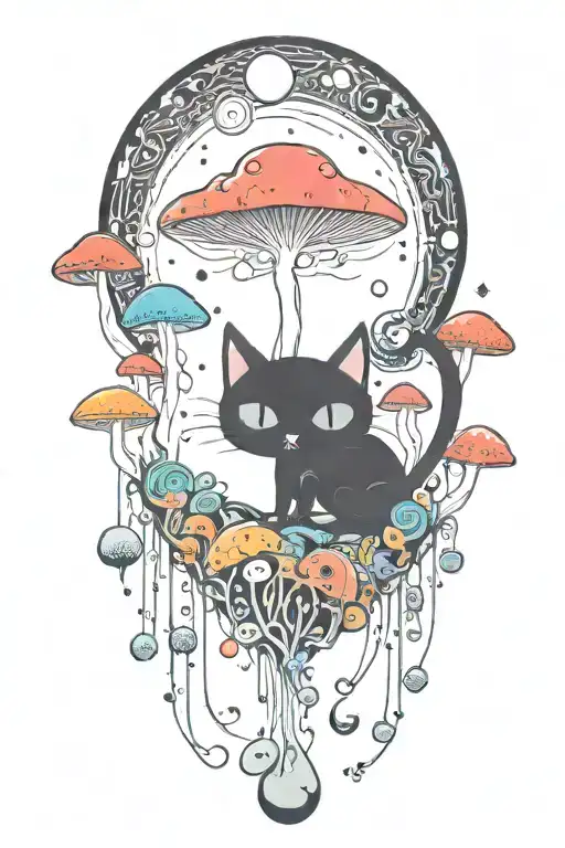 black cat with 3 eye balls and trippy colorful mushrooms with moon melting  tattoo design idea
