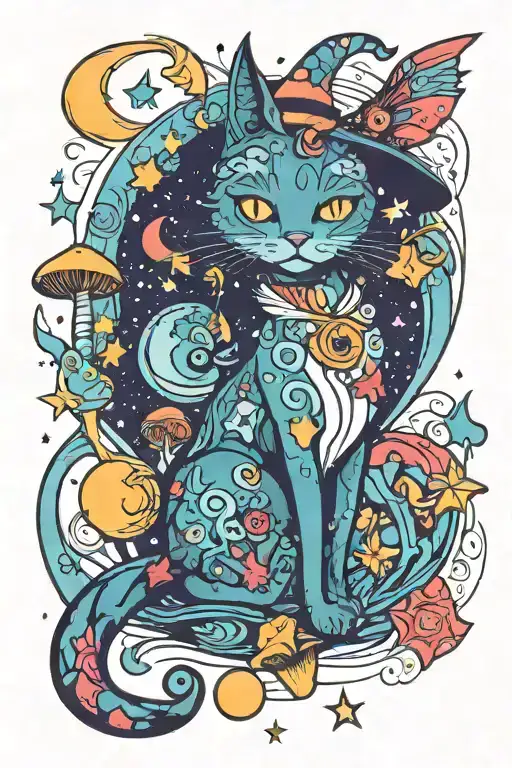 witch cat with moon and stars and colorful mushrooms trippy  tattoo design idea