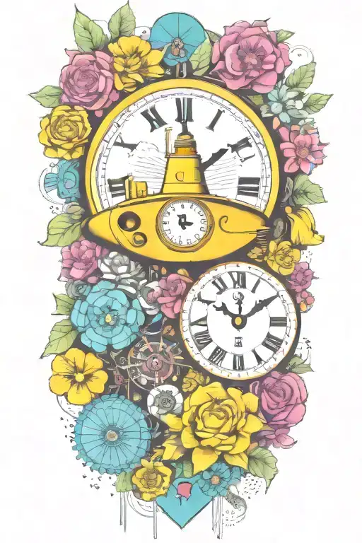 yellow submarine with colorful flowers and clock and rainbow  tattoo design idea