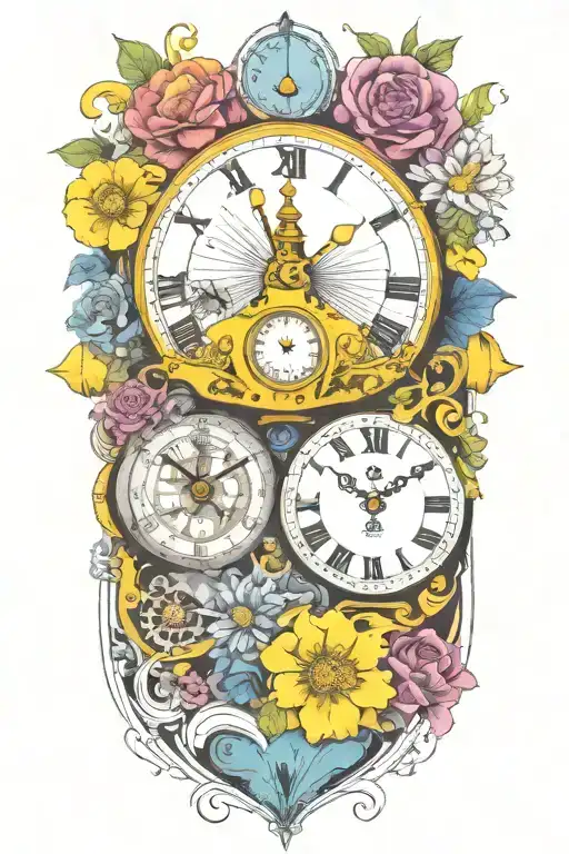 yellow submarine with colorful flowers and clock and rainbow  tattoo design idea