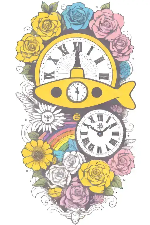 yellow submarine with colorful flowers and clock and rainbow  tattoo design idea