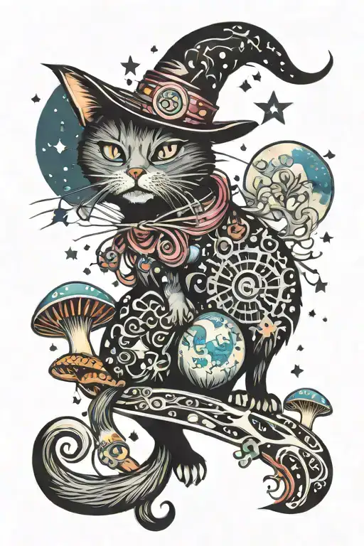 witch cat with moon and stars and colorful mushrooms trippy  tattoo design idea