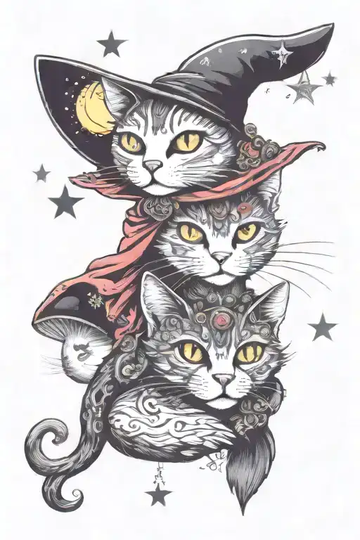 witch cat with moon and stars and colorful mushrooms trippy  tattoo design idea