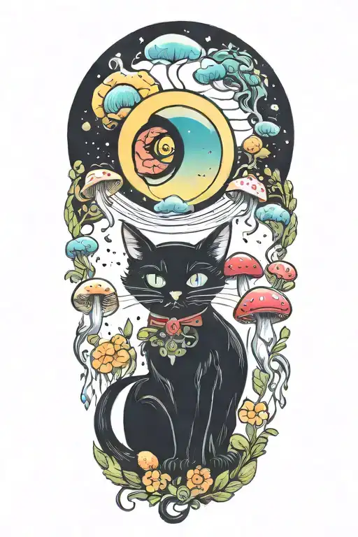 black cat with 3 eye balls and trippy colorful mushrooms with moon melting  tattoo design idea