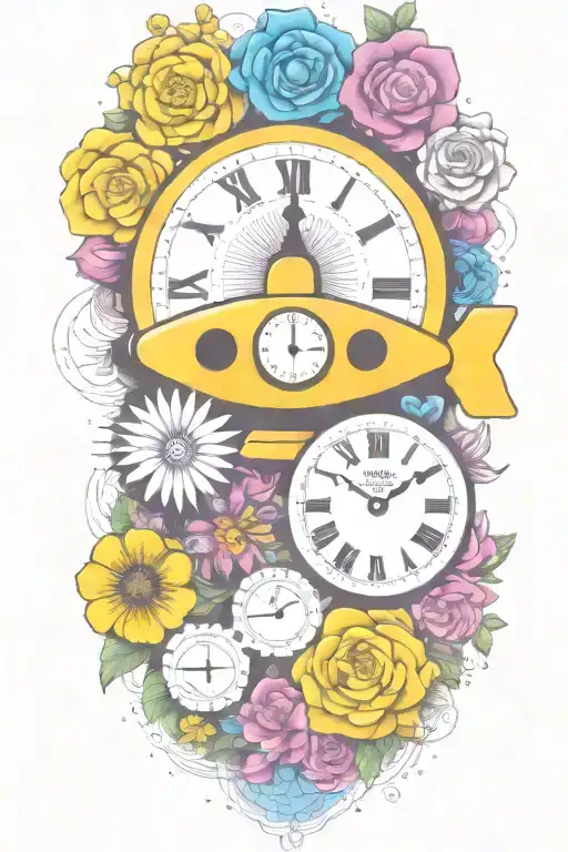 yellow submarine with colorful flowers and clock and rainbow  tattoo design idea