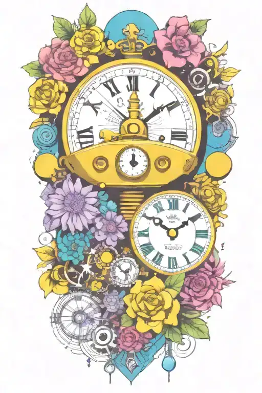 yellow submarine with colorful flowers and clock and rainbow  tattoo design idea