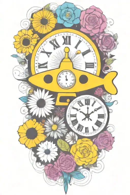 yellow submarine with colorful flowers and clock and rainbow  tattoo design idea