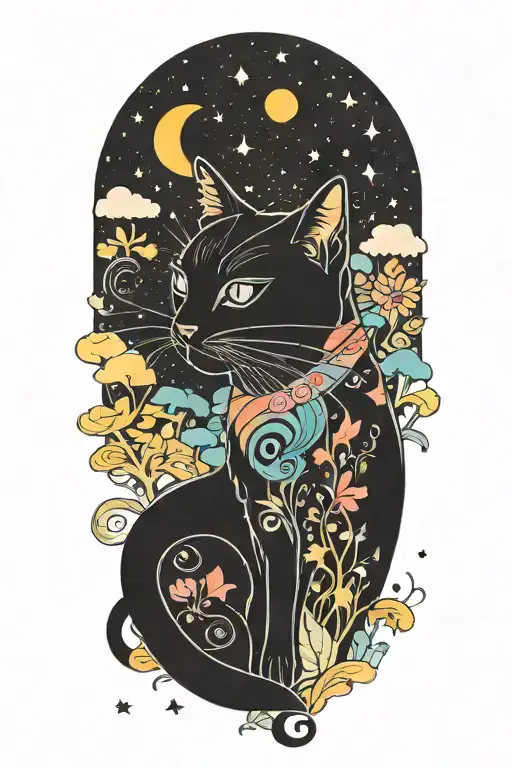black cat with colorful mushrooms and crescent moon and clouds and stars melting  tattoo design idea