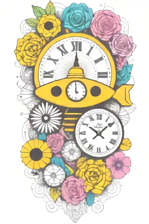 yellow submarine with colorful flowers and clock and rainbow  tattoo design idea
