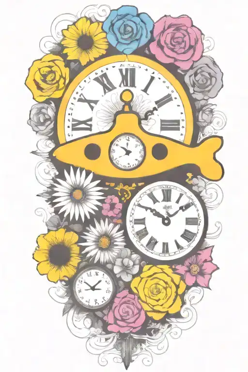 yellow submarine with colorful flowers and clock and rainbow  tattoo design idea