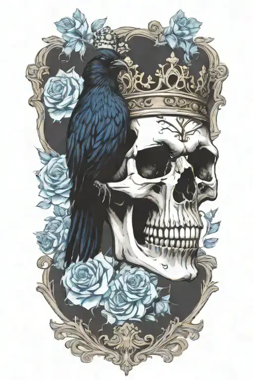 skull wearing crown with raven on and blue roses intertwined tattoo design idea