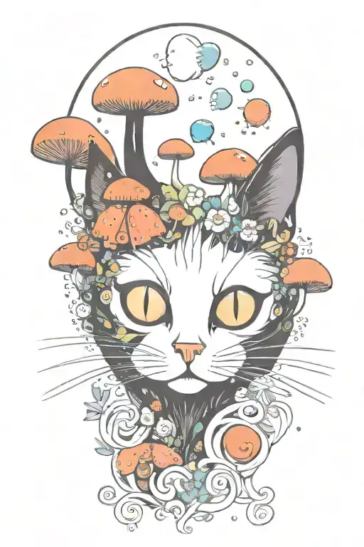 black cat with 3 eye balls and trippy colorful mushrooms with moon melting  tattoo design idea