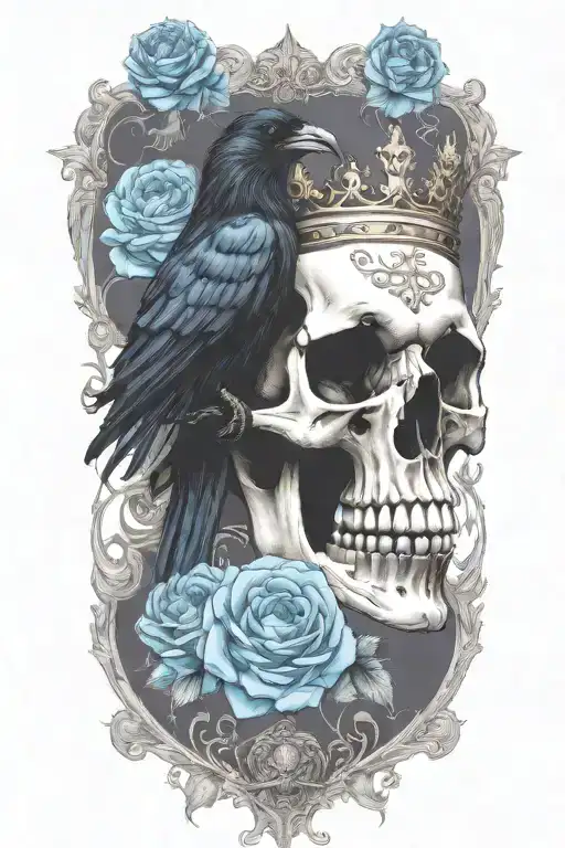 skull wearing crown with raven on and blue roses intertwined tattoo design idea