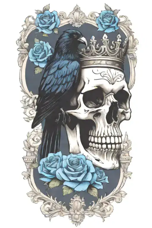 skull wearing crown with raven on and blue roses intertwined tattoo design idea