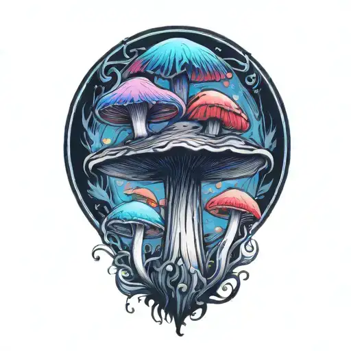 colorful mushroom with black raven   tattoo design idea