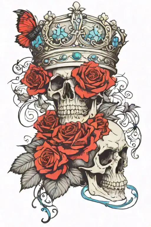 skull wearing crown with raven on headand blue roses intertwined tattoo design idea