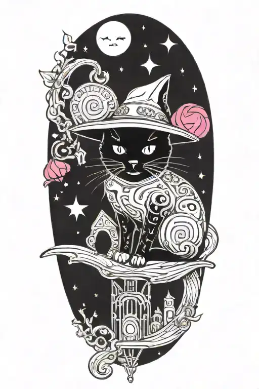 witch cat with moon and stars and colorful mushrooms and bats tattoo design idea