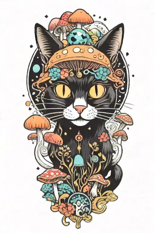black cat with 3 eye balls and trippy colorful mushrooms with moon melting  tattoo design idea
