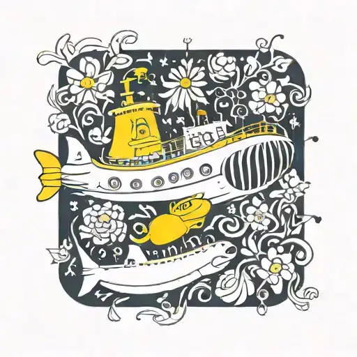 yellow submarine with flowers tattoo design idea