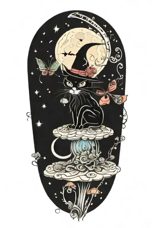 witch cat with moon and stars and colorful mushrooms and bats tattoo design idea