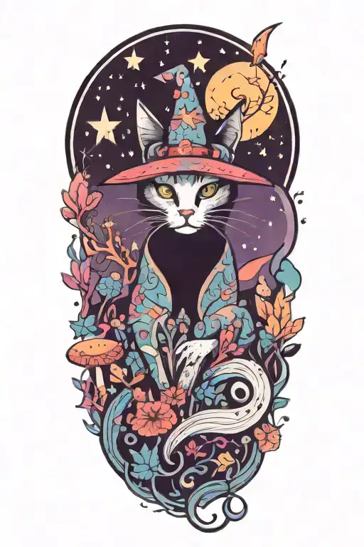 witch cat with moon and stars and colorful mushrooms and bats tattoo design idea