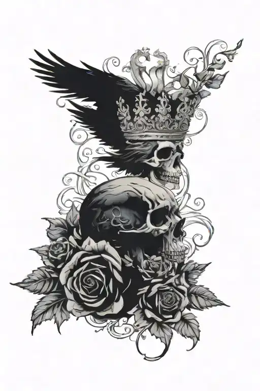 skull wearing crown with raven on and blue roses intertwined tattoo design idea