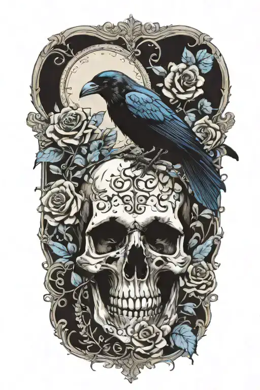raven on skull with blue roses tattoo design idea