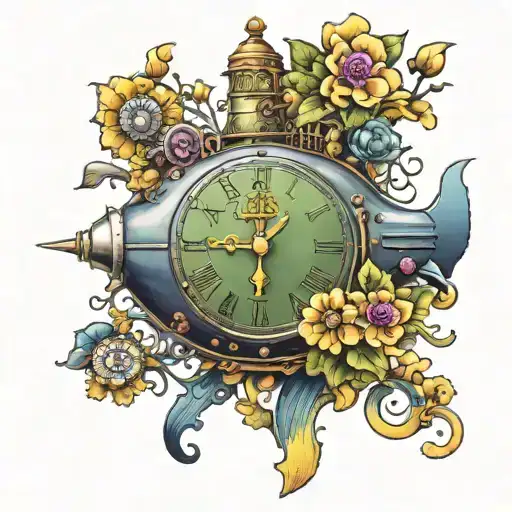 yellow submarine with colorful flowers and clock tattoo design idea