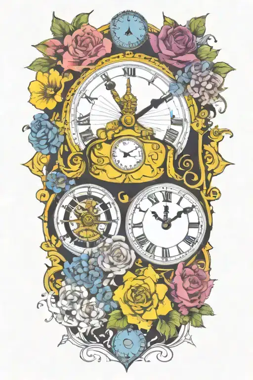 yellow submarine with colorful flowers and clock and rainbow  tattoo design idea