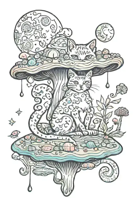melting colorful mushroom cat with moon tattoo design idea