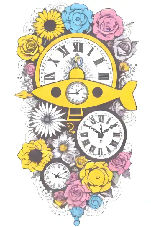 yellow submarine with colorful flowers and clock and rainbow  tattoo design idea