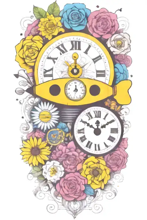 yellow submarine with colorful flowers and clock and rainbow  tattoo design idea