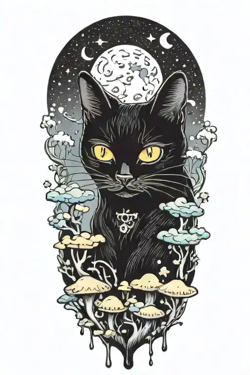 black cat with colorful mushrooms and crescent moon and clouds and stars melting  tattoo design idea