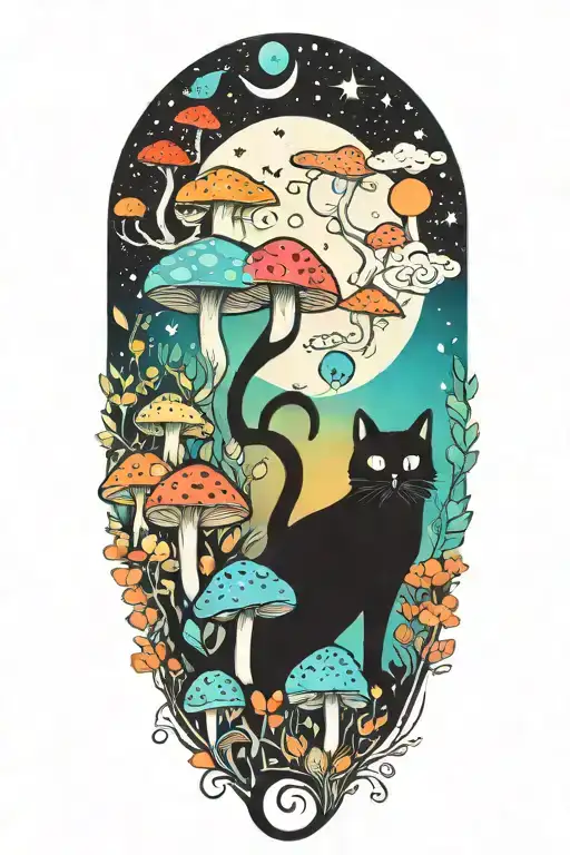 black cat and trippy colorful mushrooms with moon  tattoo design idea