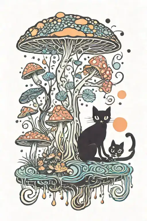 melting colorful mushroom black cat with moon tattoo design idea