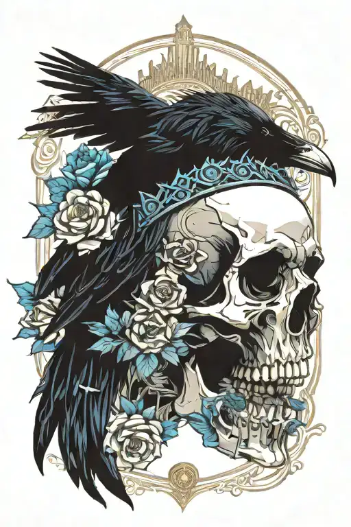 raven wearing a crown with skull and blue roses tattoo design idea