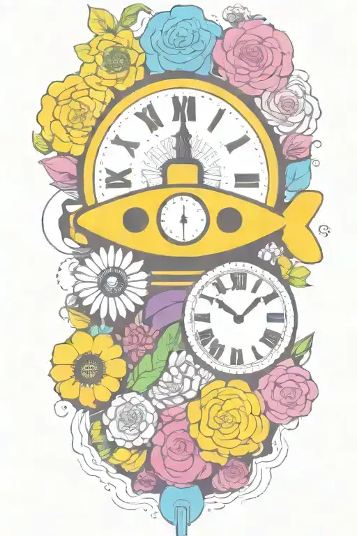 yellow submarine with colorful flowers and clock and rainbow  tattoo design idea