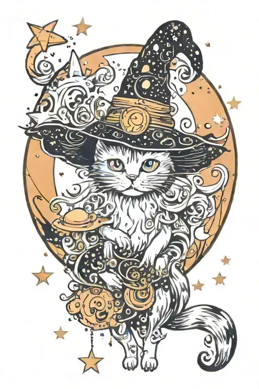 witch cat with moon and stars and colorful mushrooms trippy  tattoo design idea