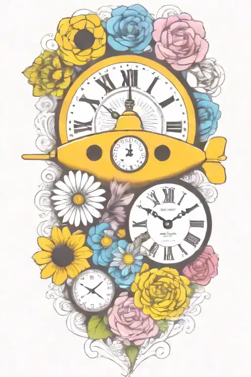 yellow submarine with colorful flowers and clock and rainbow  tattoo design idea