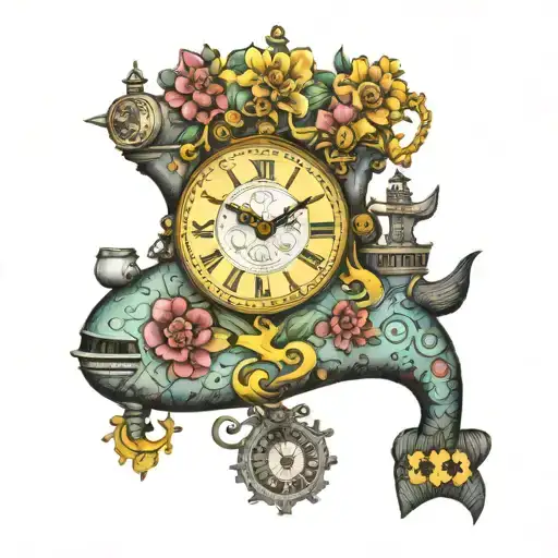 yellow submarine with colorful flowers and clock tattoo design idea