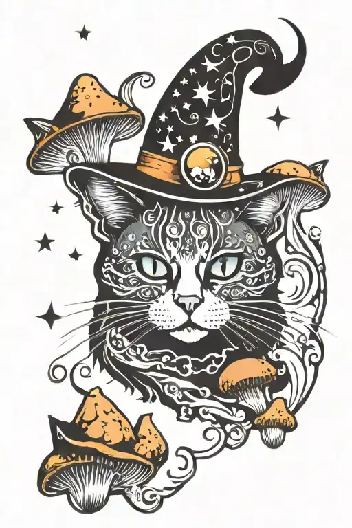 witch cat with moon and stars and colorful mushrooms trippy  tattoo design idea