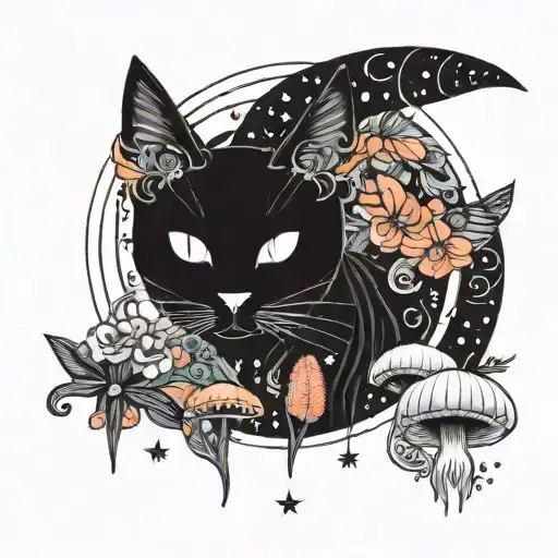 black cat and colorful mushrooms with moon and stars tattoo design idea